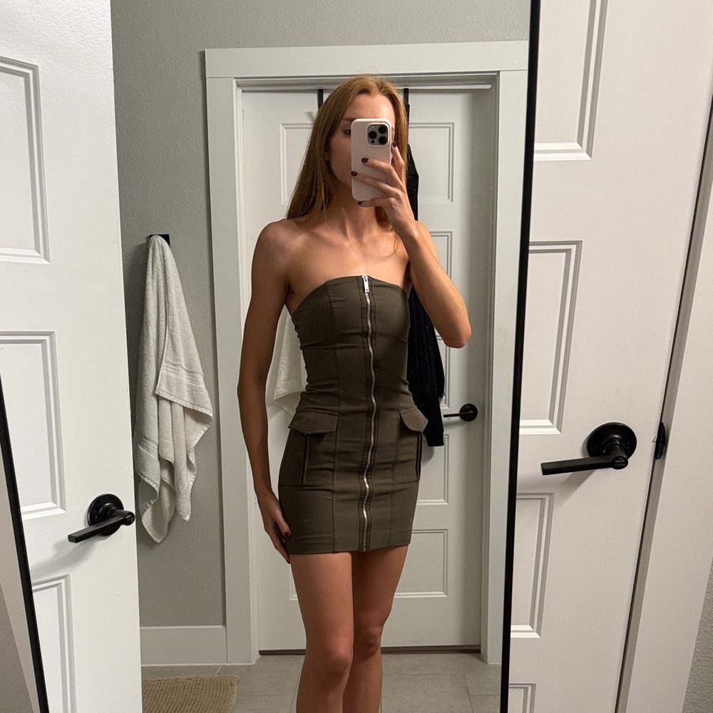 Zara Khaki Strapless Dress with Zipper